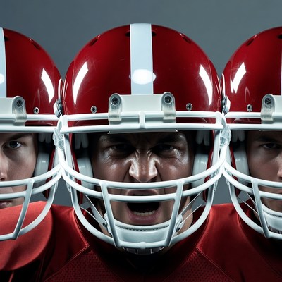 Three Intense Football Players in Helmets