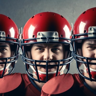 Three football players in red helmets