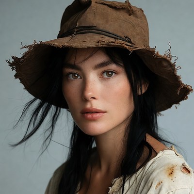 Woman wearing distressed brown hat
