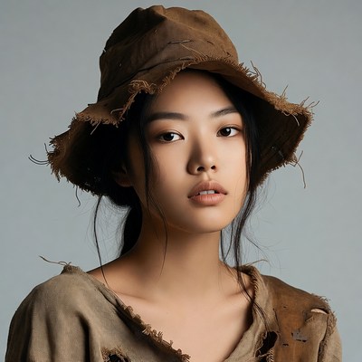 Asian woman wearing frayed hat