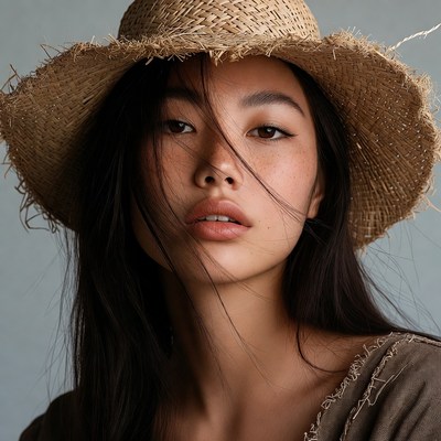Asian woman wearing straw hat