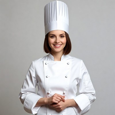 Smiling woman chef in white uniform