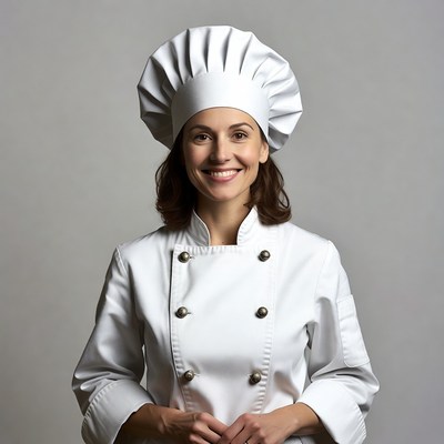 Smiling woman chef in white uniform