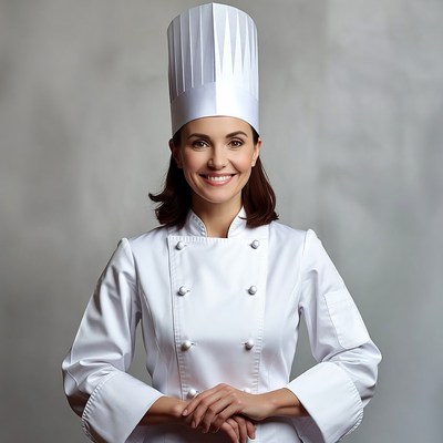 Smiling woman chef in white uniform