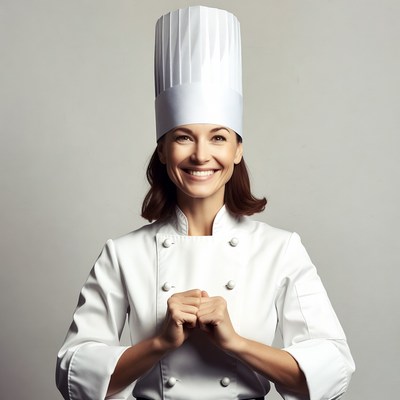 Smiling woman chef in white uniform
