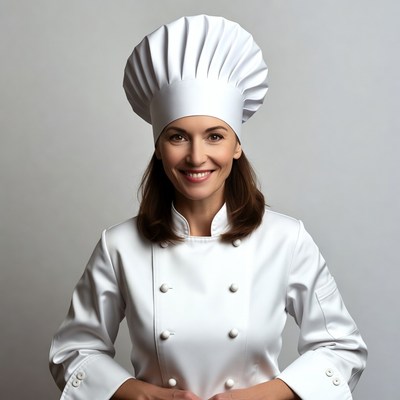Smiling woman chef in white uniform