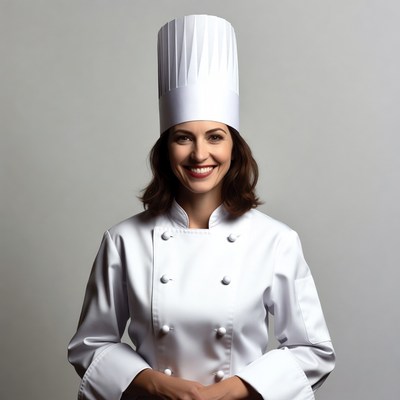 Smiling woman chef in white uniform