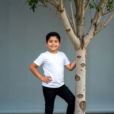 Smiling boy leaning on tree