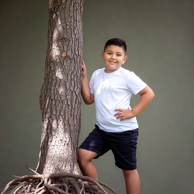 Boy leaning against tree