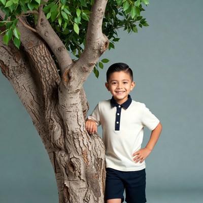Latino boy smiling by tree