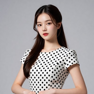 Asian woman in polka dot dress