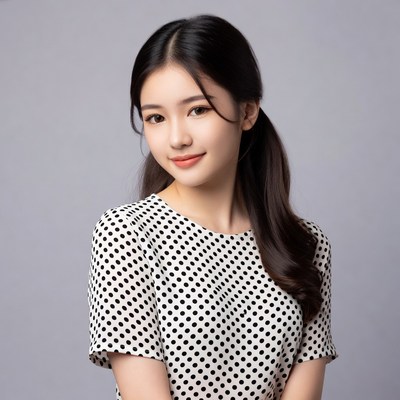 Asian woman in polka dot blouse