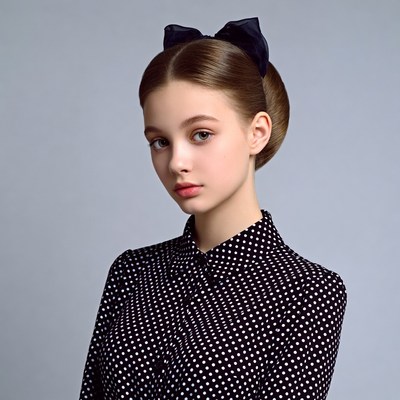 Girl with black bow in polka dot blouse