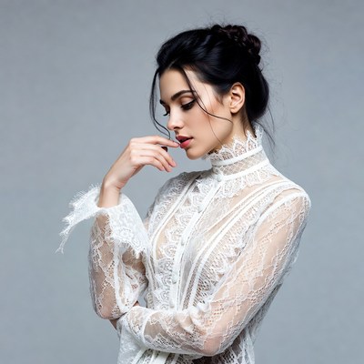 Woman in lace blouse thoughtful pose