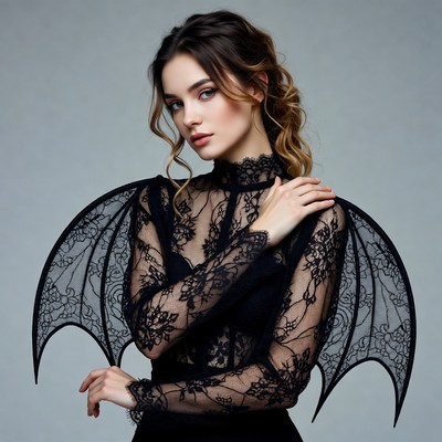 Woman in black lace bat wing dress