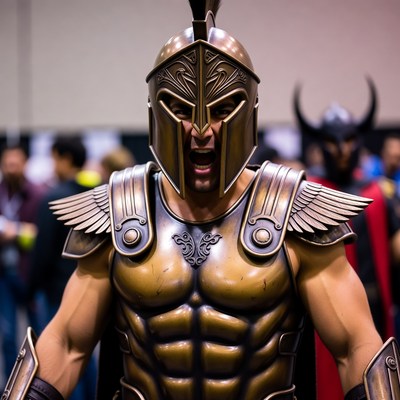 Man in Greek Spartan Warrior Helmet