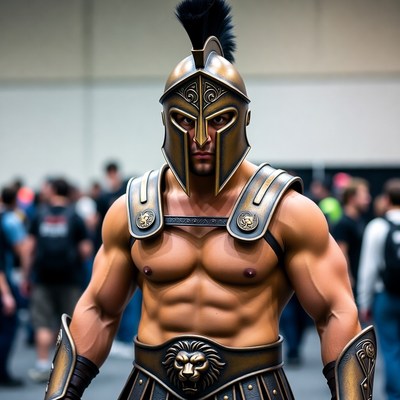 Muscular man in Spartan helmet cosplay