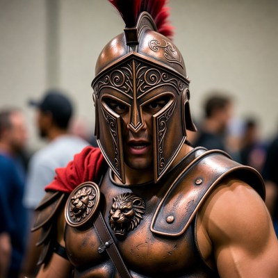 Muscular man in Spartan helmet