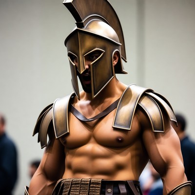 Muscular man in Spartan helmet and armor
