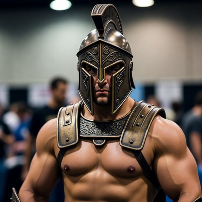 Muscular man in Spartan helmet and armor