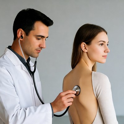 Doctor listening to woman's back