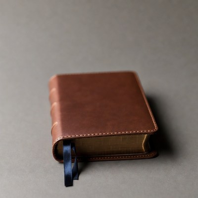 Brown leather Bible with blue ribbon
