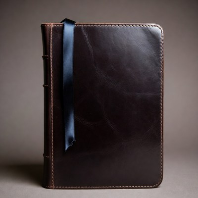 Brown leather journal with blue ribbon