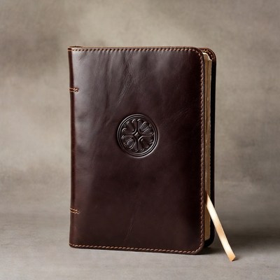 Brown leather journal with flower emblem