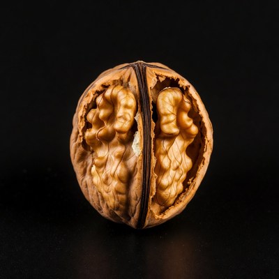 Split Walnut on Black Background