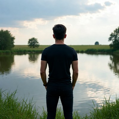 Man standing by lake viewing sunset