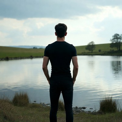 Man standing by lake back view