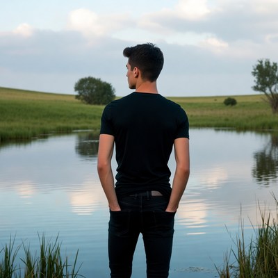 Man standing by pond from behind
