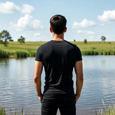 Man standing by lake facing away
