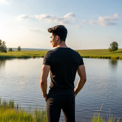 Man standing by lake at sunset