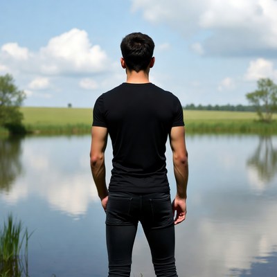 Man standing by lake from behind