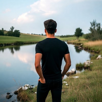Man standing by river gazing back