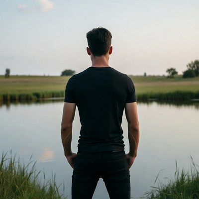 Man standing by lake at sunset
