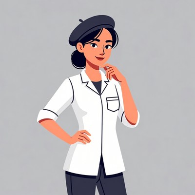 Asian woman doctor in beret thinking