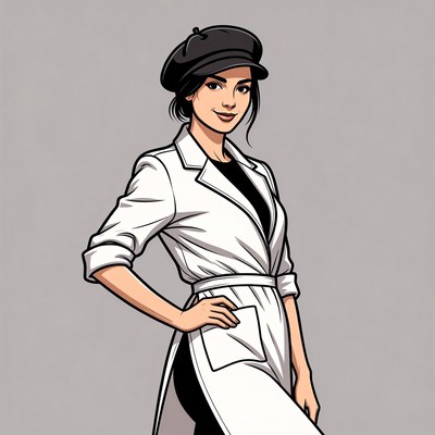 Asian woman in white beret coat