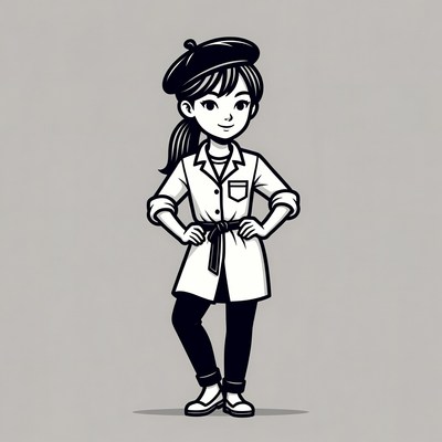 Cartoon girl in beret and lab coat