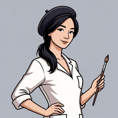 Asian woman artist holding paintbrush