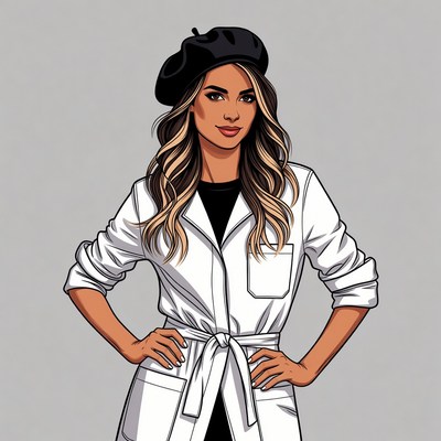 Woman in white lab coat and beret