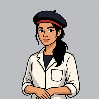 Asian woman in beret and lab coat