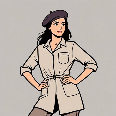 Asian woman in beret and trench coat