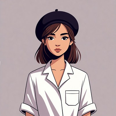 Asian woman wearing beret and shirt