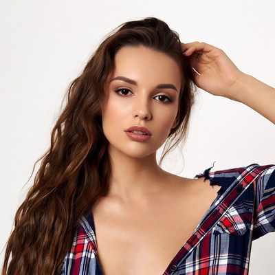 Woman touching hair in plaid shirt