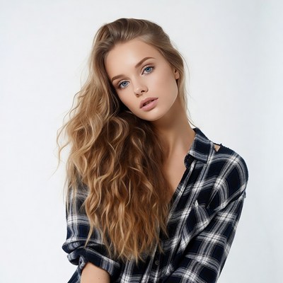 Woman with wavy blonde hair in plaid shirt