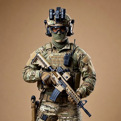 Soldier holding rifle in camouflage gear