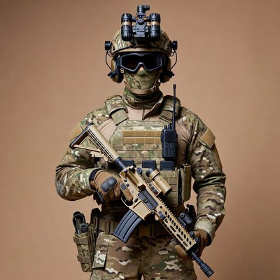 Soldier holding rifle in camouflage gear