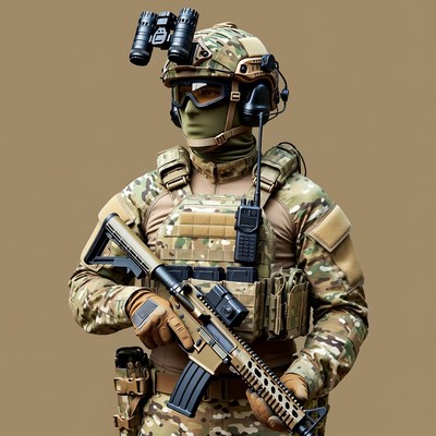 Soldier holding rifle in camouflage gear